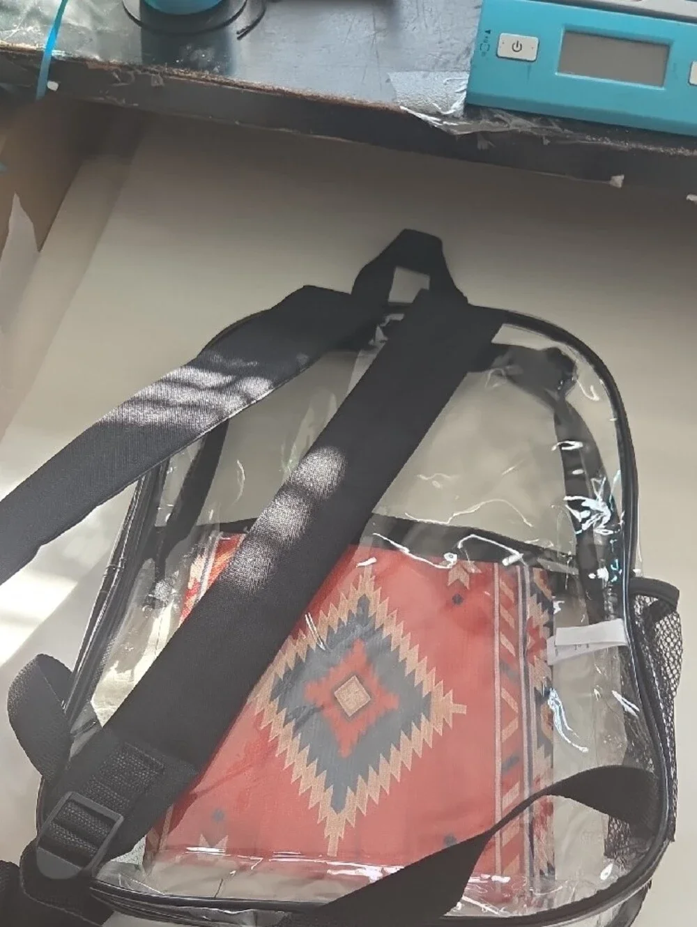 Clear Vinyl Backpack with Red Aztec Front Pocket